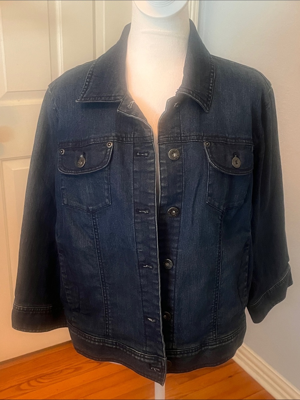 Chico's Dark Blue Denim Jacket with Button Front